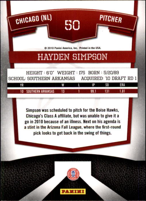 2010 Donruss Elite Extra Edition #50 Hayden Simpson back image