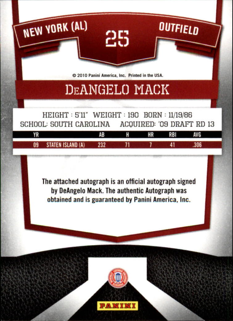 2010 Donruss Elite Extra Edition Franchise Futures Signatures #25 DeAngelo Mack/819 back image