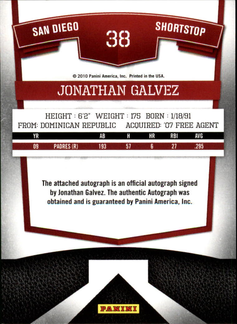 2010 Donruss Elite Extra Edition Franchise Futures Signatures #38 Jonathan Galvez/810 back image