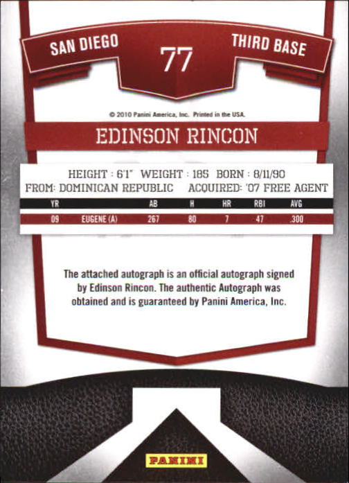 2010 Donruss Elite Extra Edition Franchise Futures Signatures #77 Edinson Rincon/819 back image