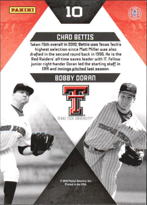 2010 Donruss Elite Extra Edition College Ties #10 Chad Bettis/Bobby Doran back image