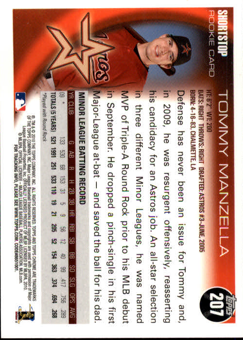 2010 Topps Chrome #207 Tommy Manzella (RC) back image