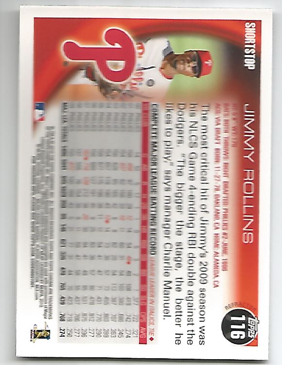 2010 Topps Chrome Refractors #116 Jimmy Rollins back image