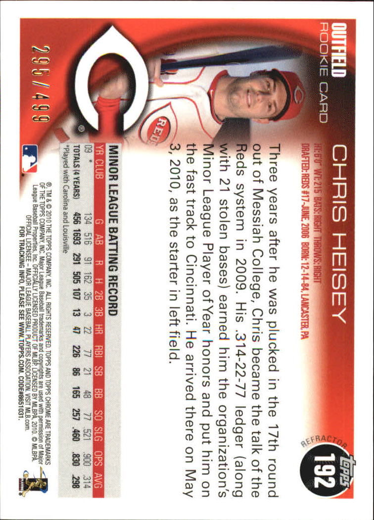 2010 Topps Chrome Rookie Autographs Refractors #192 Chris Heisey back image