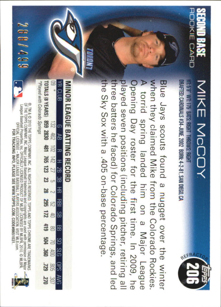 2010 Topps Chrome Rookie Autographs Refractors #206 Mike McCoy back image