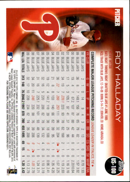 2010 Topps Update #US100A Roy Halladay back image