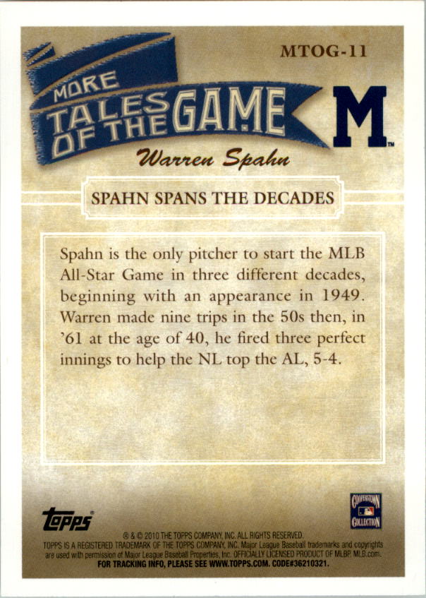 2010 Topps Update More Tales of the Game #11 Warren Spahn back image