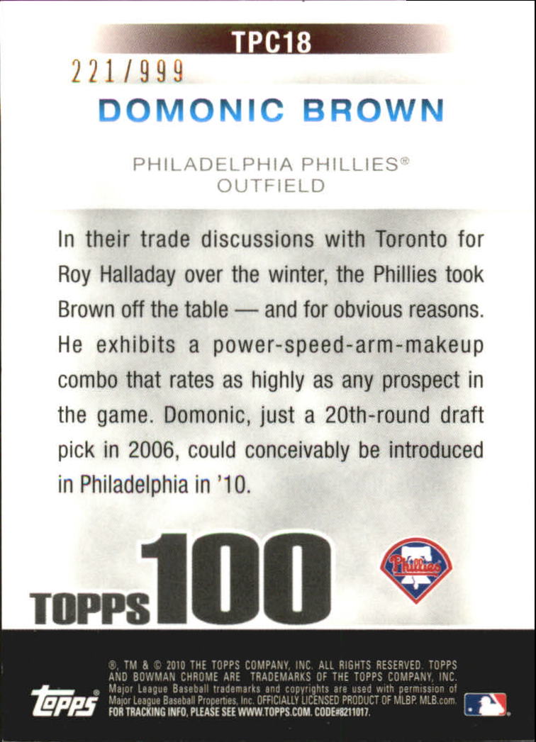2010 Bowman Chrome Topps 100 Prospects #TPC18 Domonic Brown back image