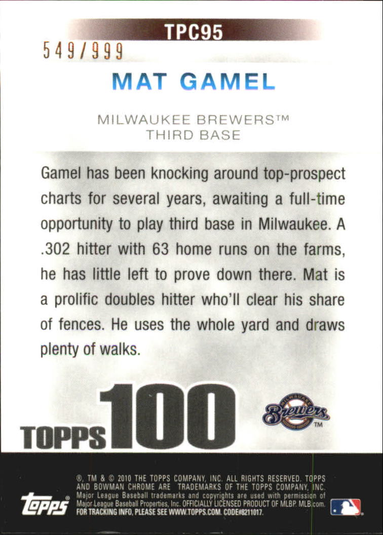 2010 Bowman Chrome Topps 100 Prospects #TPC95 Mat Gamel back image