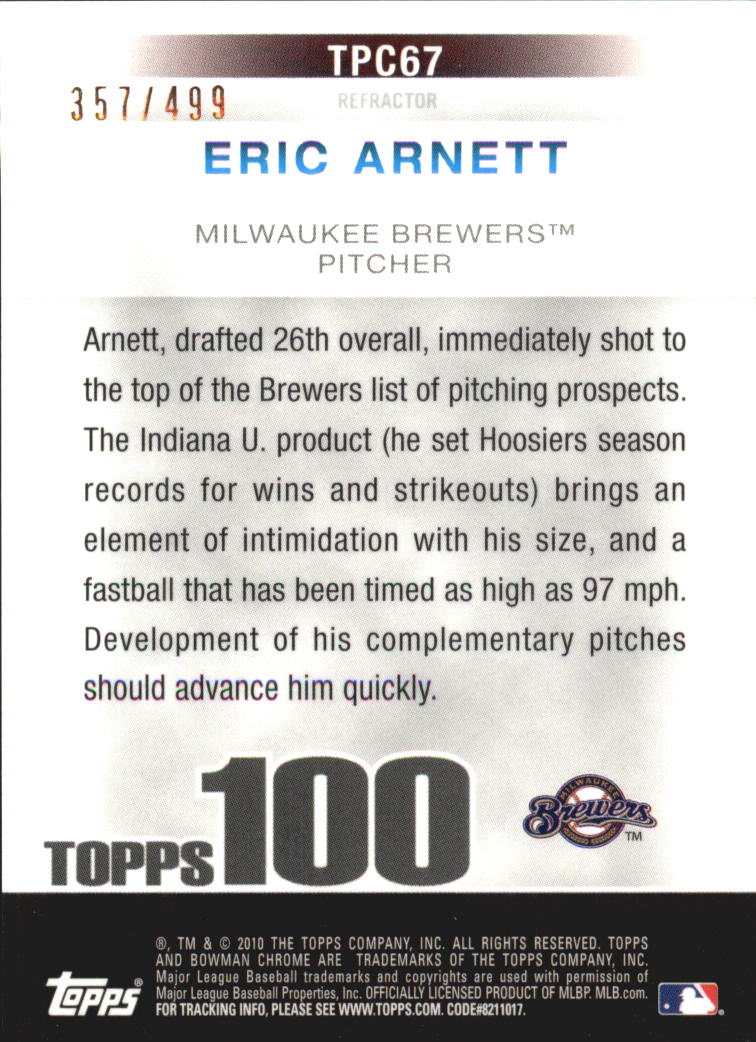 2010 Bowman Chrome Topps 100 Prospects Refractors #TPC67 Eric Arnett back image