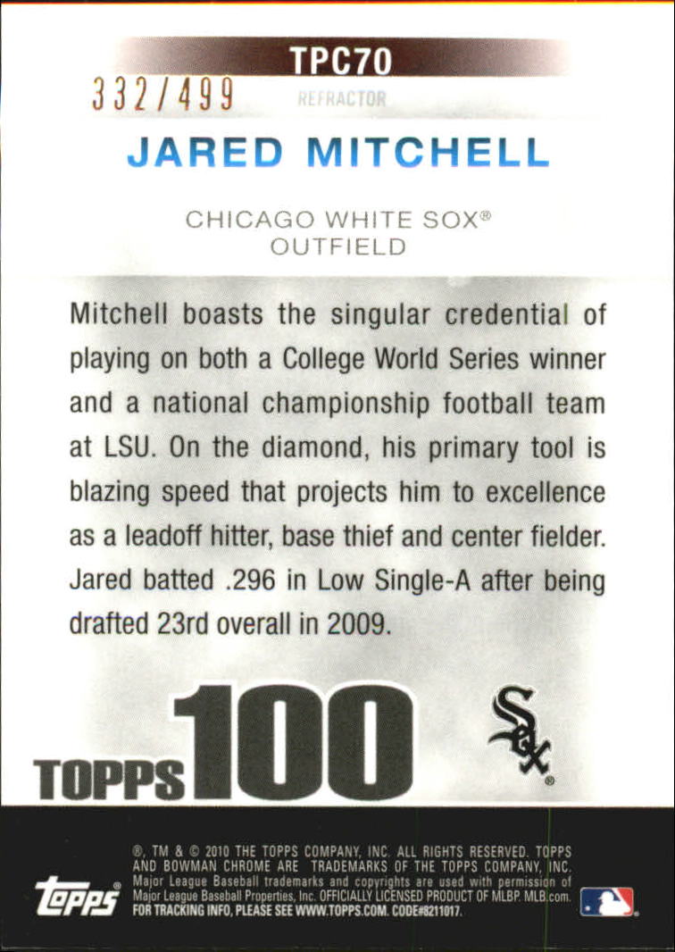 2010 Bowman Chrome Topps 100 Prospects Refractors #TPC70 Jared Mitchell back image