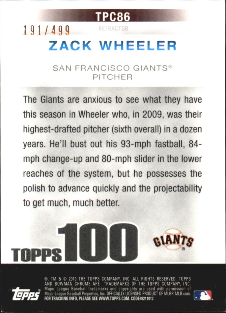2010 Bowman Chrome Topps 100 Prospects Refractors #TPC86 Zack Wheeler back image