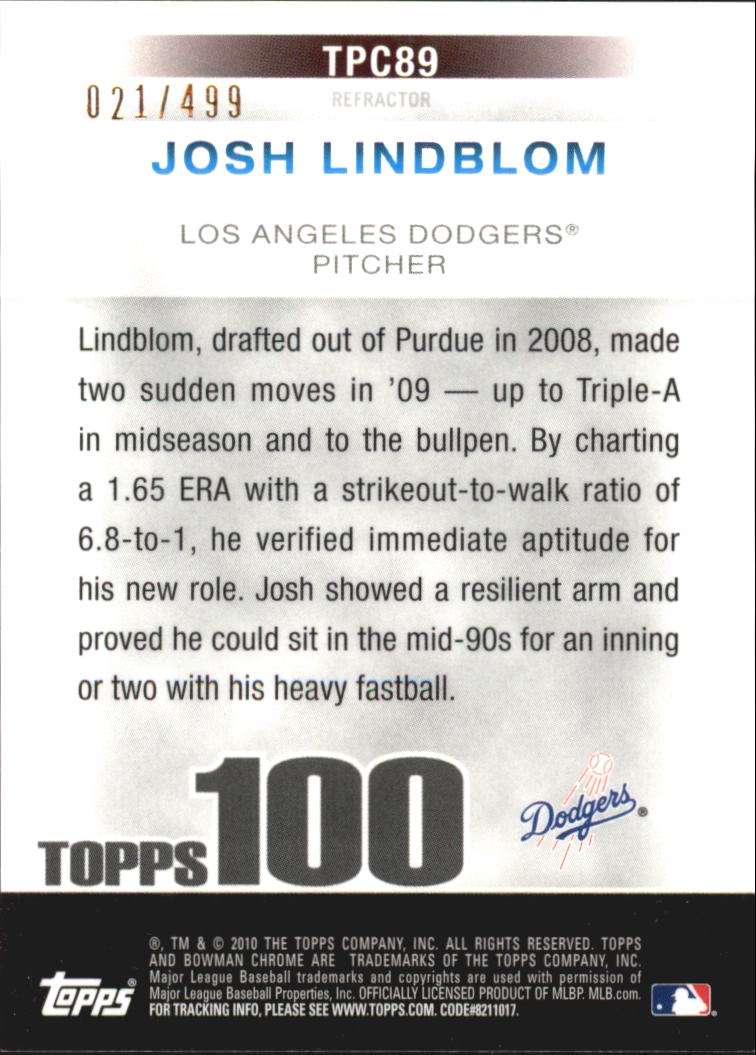 2010 Bowman Chrome Topps 100 Prospects Refractors #TPC89 Josh Lindblom back image
