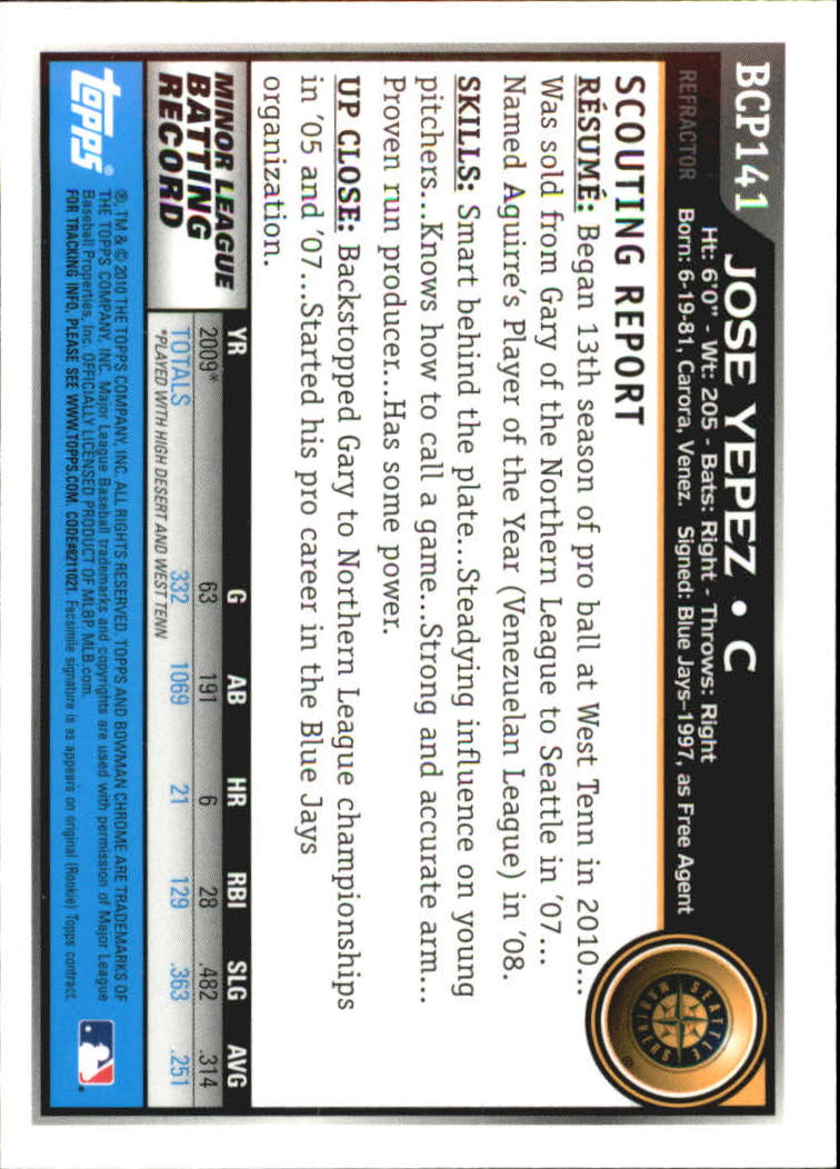 2010 Bowman Chrome Prospects Green X-Fractors #BCP141 Jose Yepez