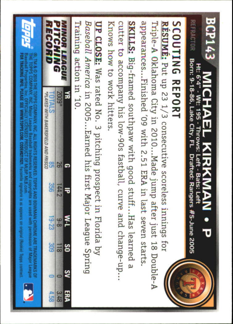 2010 Bowman Chrome Prospects Green X-Fractors #BCP143 Michael Kirkman back image