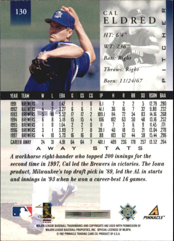 1998 Pinnacle Away Statistics Back #130 Cal Eldred back image