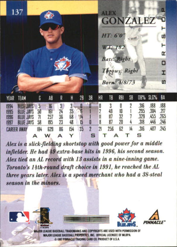 1998 Pinnacle Away Statistics Back #137 Alex Gonzalez back image