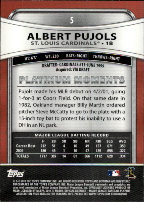 2010 Bowman Platinum #5 Albert Pujols back image