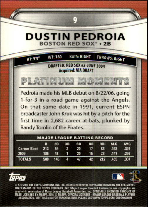 2010 Bowman Platinum #9 Dustin Pedroia back image