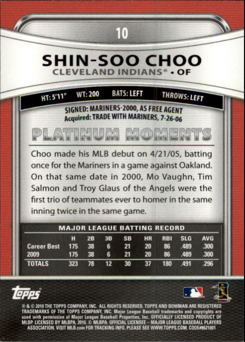 2010 Bowman Platinum #10 Shin-Soo Choo back image