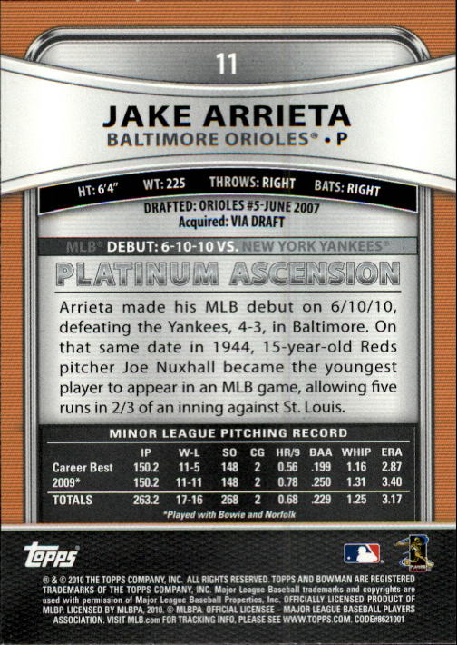 2010 Bowman Platinum #11 Jake Arrieta RC back image