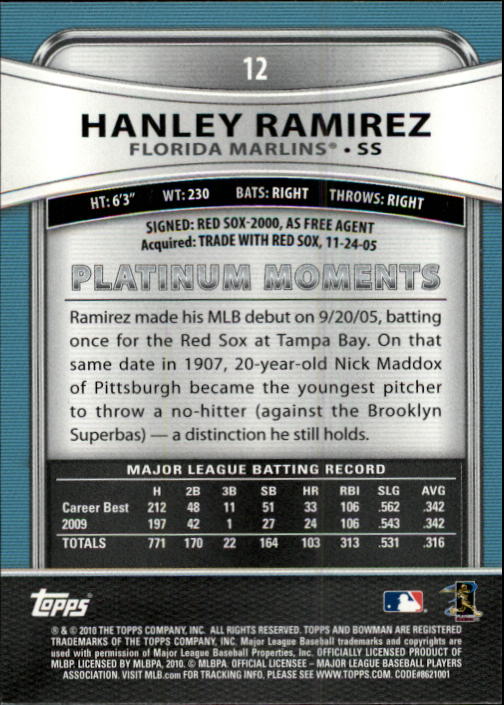 2010 Bowman Platinum #12 Hanley Ramirez back image