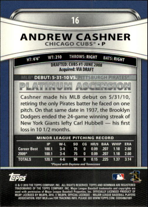 2010 Bowman Platinum #16 Andrew Cashner RC back image