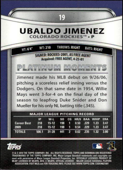 2010 Bowman Platinum #19 Ubaldo Jimenez back image