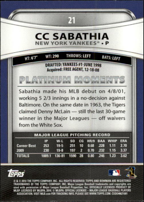 2010 Bowman Platinum #21 CC Sabathia back image