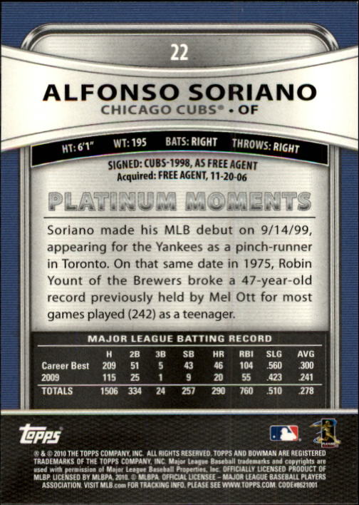 2010 Bowman Platinum #22 Alfonso Soriano back image