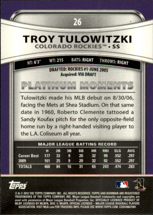 2010 Bowman Platinum #26 Troy Tulowitzki back image