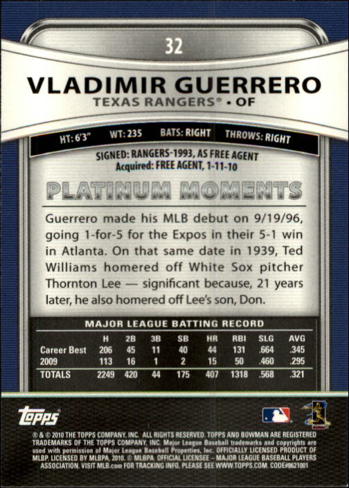 2010 Bowman Platinum #32 Vladimir Guerrero back image