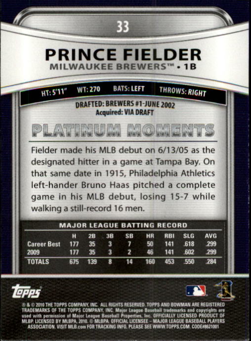 2010 Bowman Platinum #33 Prince Fielder back image