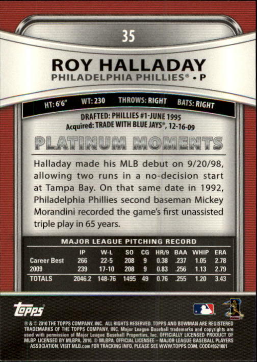 2010 Bowman Platinum #35 Roy Halladay back image
