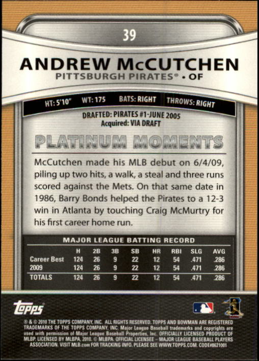 2010 Bowman Platinum #39 Andrew McCutchen back image