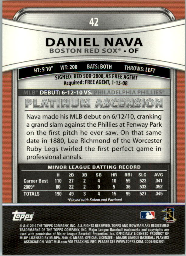 2010 Bowman Platinum #42 Daniel Nava RC back image