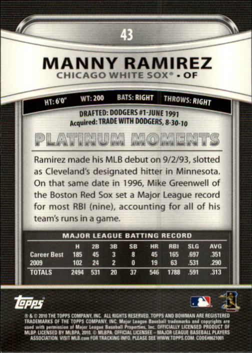 2010 Bowman Platinum #43 Manny Ramirez back image