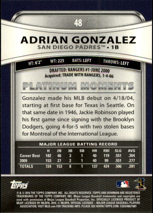 2010 Bowman Platinum #48 Adrian Gonzalez back image