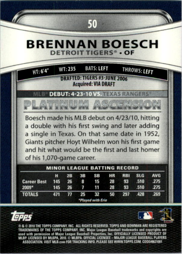 2010 Bowman Platinum #50 Brennan Boesch RC back image