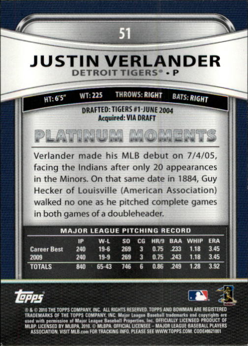 2010 Bowman Platinum #51 Justin Verlander back image