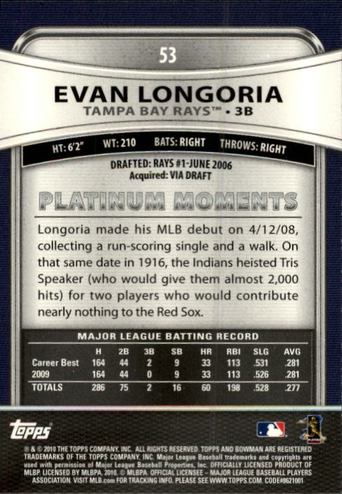 2010 Bowman Platinum #53 Evan Longoria back image