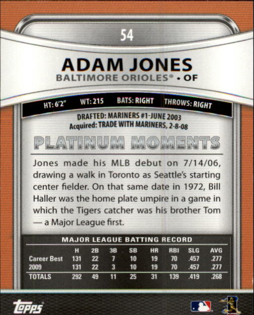 2010 Bowman Platinum #54 Adam Jones back image