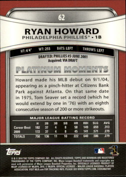 2010 Bowman Platinum #62 Ryan Howard back image