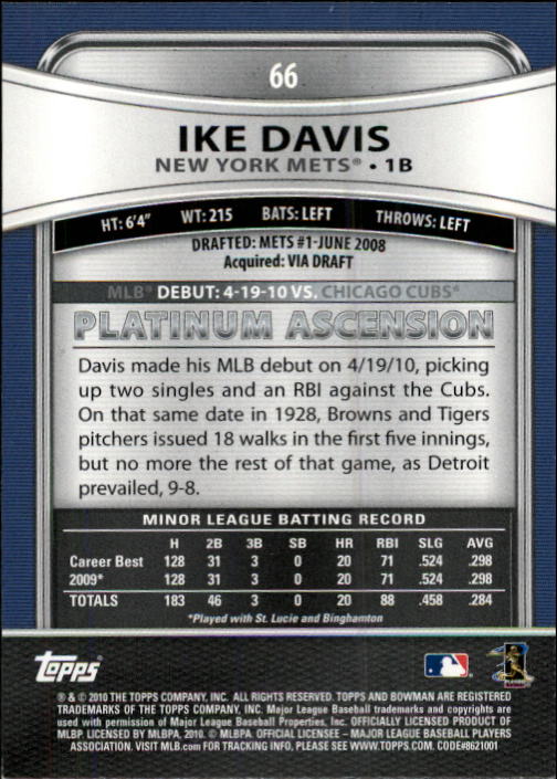 2010 Bowman Platinum #66 Ike Davis RC back image
