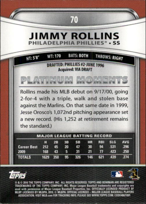 2010 Bowman Platinum #70 Jimmy Rollins back image