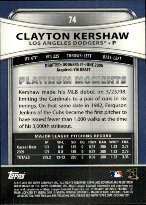 2010 Bowman Platinum #74 Clayton Kershaw back image