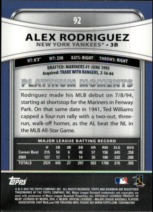 2010 Bowman Platinum #92 Alex Rodriguez back image