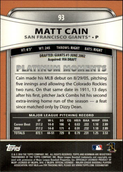 2010 Bowman Platinum #93 Matt Cain back image