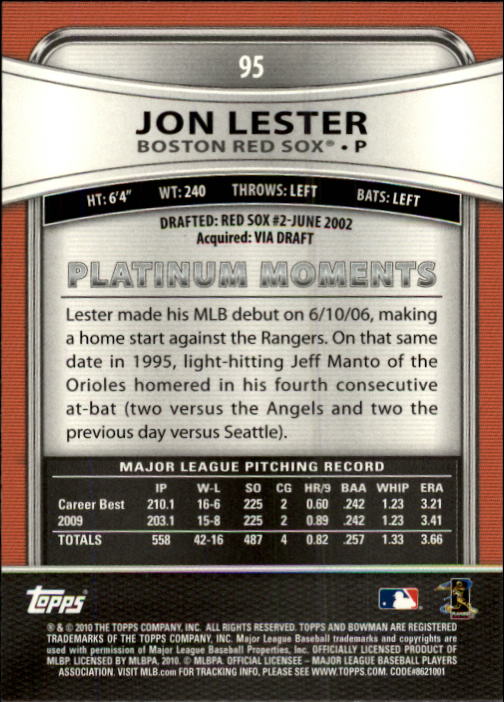 2010 Bowman Platinum #95 Jon Lester back image