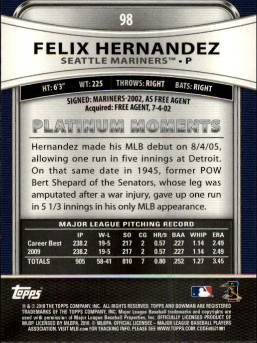 2010 Bowman Platinum #98 Felix Hernandez back image